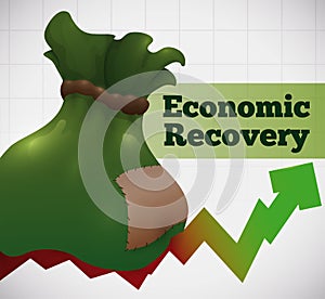 Patched Satchel with Positive Arrow for Economic Recovery, Vector Illustration