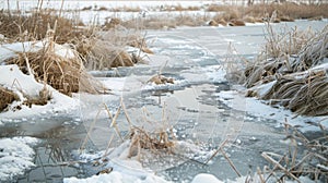 Patches of frozen grass peek through the thick ice layer the only remnants of the vegetation that once flourished in photo