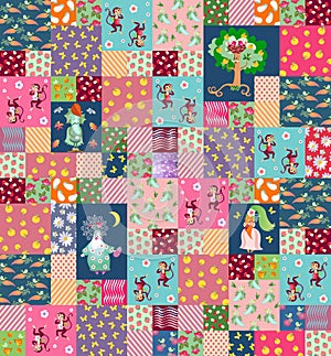 Patchwork background with cute cartoon characters for children.