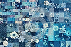 Patchwork blue flowers background, concept of Textile design, created with Generative AI technology