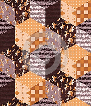 Patchwork in brown tones with floral, geometric and jeans patches