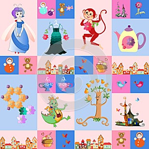 Patchwork for children. Vector fantasy background with a fairy, dragon, monkey, castle, teapot and cups, birds, butterflies, tree