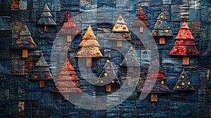 Patchwork Christmas tree, holiday warmth jeans fabric pattern symbol,