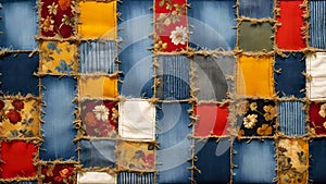 Patchwork fabric colorful denim jeans cloth texture close-up.Scrappy quilt vintage background.