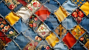 Patchwork fabric colorful denim jeans cloth texture close-up.Scrappy quilt vintage background.