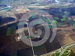 Aerial view of the patchwork pattern of farm land in Salinas Valley  CA