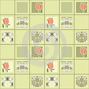 Patchwork floral roses pattern background with decorative elements