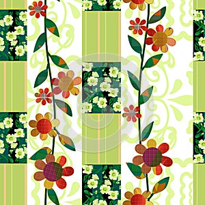 Patchwork green floral pattern background