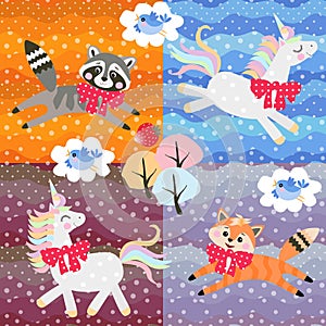 Patchwork pattern with cute cartoon animals: unicorns, raccoon, birds and little fox on polka dots patchs