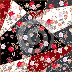 Patchwork pattern from fabrics with rose flowers. Quilt design for bandana print, cushion, rug