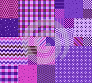 Patchwork pattern with geometric ornaments in purple colors. Seamless print. Quilting design of plaid or blanket