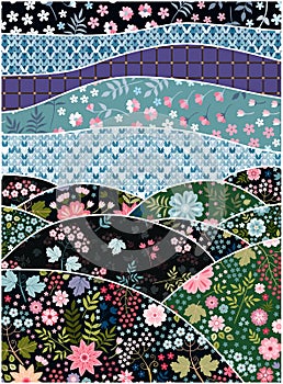 Patchwork pattern with landscape from patches with flowers. Cute composition for panno photo