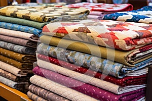 patchwork quilts draped over a stand