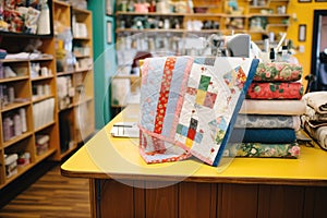 patchwork quilts folded in a craft shop