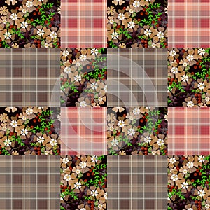 Patchwork retro checkered floral pattern background