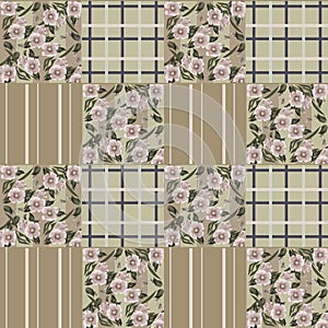 Patchwork retro colors checkered floral pattern background