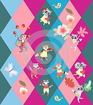 Patchwork rhombus background with cute funny animals - little cats, foxes, raccoons and monkey. Seamless vector pattern for kid