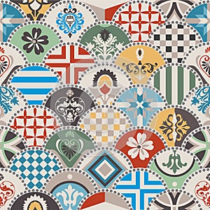 074_Seamless ceramic tile with colorful patchwork. Vintage multicolor pattern in minimally style