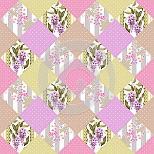 Patchwork seamless floral pattern background with decorative elements