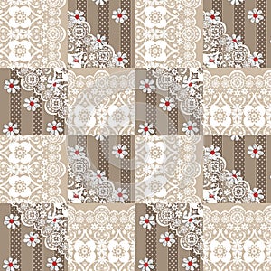 Patchwork seamless lace floral pattern on beige