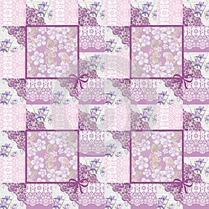 Patchwork seamless lacy retro pink floral pattern