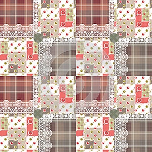 Patchwork seamless pattern circles checkered lace background