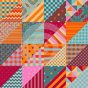 Patchwork seamless pattern. Colorful ornamental triangle patches combine in squares photo