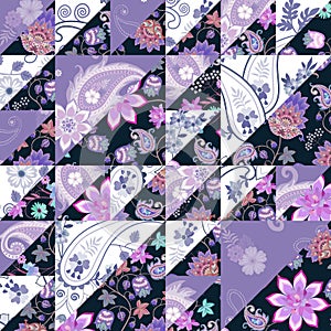 Patchwork seamless pattern with ethnic motifs. Quilt design with floral and paisley ornaments