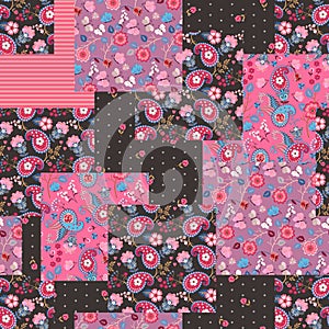 Patchwork seamless pattern with paisley and floral ornaments. Quilting design. Beautiful print for fabric