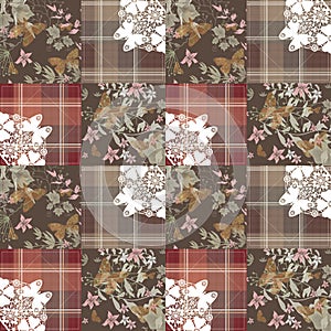 Patchwork seamless retro pattern with buterflies checkered