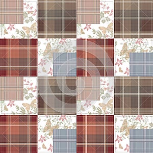 Patchwork seamless retro pattern with buterflies checkered