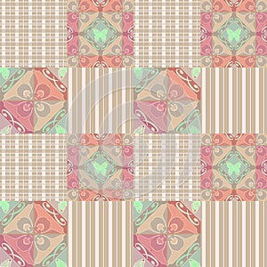 Patchwork seamless retro pattern with buterflies checkered