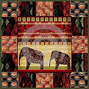 Patchwork seamless snake skin pattern with elephans