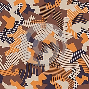 Patchwork sewing, camouflage background. Radio waves, striped radial pattern. Geometric camo repeat print. Vector