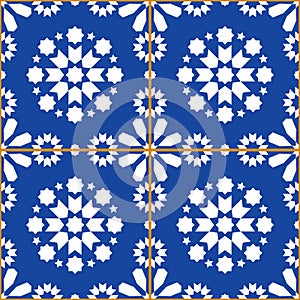 Patchwork tiles vector design, geometric seamless pattern Azulejos, Portuguese navy blue tile design, repetitve abstract backgroun