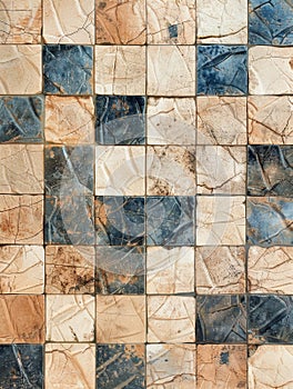A patchwork of worn, cracked tiles in shades of blue and beige, forming an abstract puzzle-like composition with a