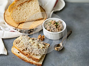 Pate of fish with mackerel, nuts, sour cream with homemade bread on gray background. Healthy breakfast, lunch, snack