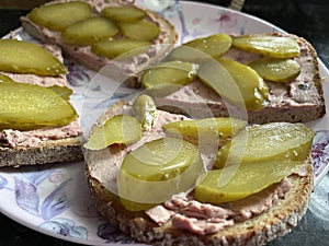 Pate and gherkin open sandwich photo