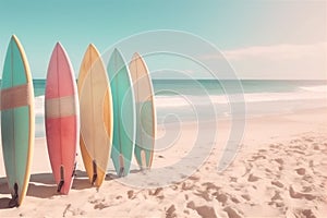 Patel surfboards on tropical beach. Retro colors toned image. Generative AI.