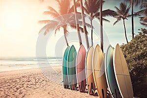 Patel surfboards on tropical beach. Retro colors toned image. Generative AI. photo