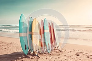 Patel surfboards on tropical beach. Retro colors toned image. Generative AI.