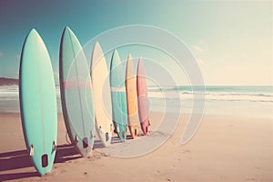 Patel surfboards on tropical beach. Retro colors toned image. Generative AI.