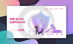 Patent Law and Authorship Website Landing Page. Security Man with Doberman Dog at Huge Shield with Icon of Light Bulb photo