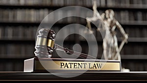 Patent Law: Judge's Gavel as a symbol of legal system and wooden stand with text word