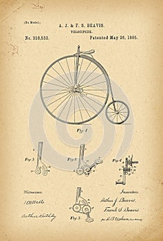 1885 Patent Velocipede Bicycle history invention photo