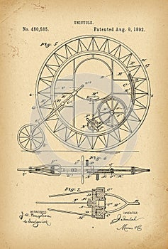 1892 Patent Velocipede Bicycle Unicycle history invention photo