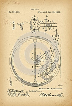 1894 Patent Velocipede Bicycle Unicycle history invention photo