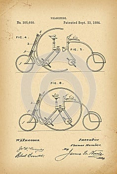 1884 Patent Velocipede Tandem Bicycle archival history invention photo