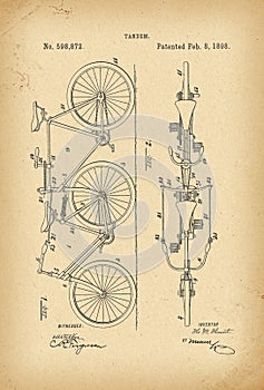 1898 Patent Velocipede Tandem Bicycle archival history invention photo