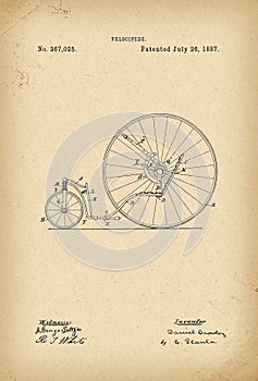 1887 Patent Velocipede Tricycle Bicycle archival history invention